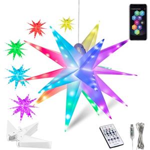 BAKAJI Stella Luminosa di Natale 3D da Soffitto, Decorazione Natalizia Led con Musica e Controllo con Telecomando o App, Addobbo Natalizio RGB Multicolor, Stellina in PVC Illuminata (40 cm)