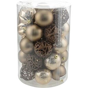 BAKAJI Set 34 Palline di Natale da 8 cm, Decorazioni Addobbi Natalizi per Albero, Addobbo Decorazione da Interno per Ghirlande da Appendere, 4 Texture e Finiture Brillanti (Ambra)