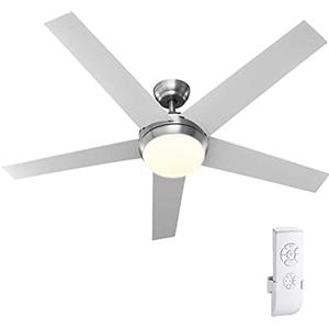 BAKAJI Ventilatore Lampadario da Soffitto 5 Pale in Legno con Lampada Plafoniera 60 LED 20W in Vetro 3 Velocità Funzione Timer Luce Cambio Colore e Telecomando Diametro 132cm Bianco Silver