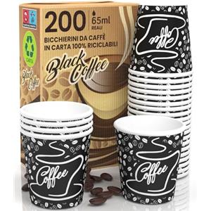 Eurocali 200 Bicchierini in Carta per caffè 65ml BlackCUP Bicchieri Ecologici Biodegradabili Monouso Piccoli Asporto Bevande Calde