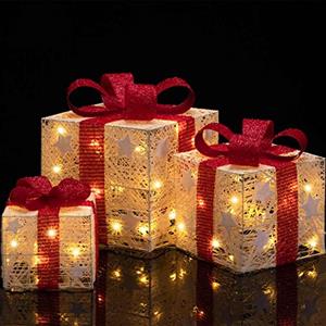 BAKAJI Set 3 Pacchetti Pacchi Regalo Luminosi di Natale con Decorazioni a Stella Stelle Addobbi Luci Led Natalizie Box Luminose Box Natale Scatole con Luci Festive Kit Decorazioni Natalizie