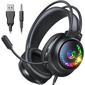 Tatybo Cuffie Gaming per Ps4/Ps5/PC/XboxOne/Switch, Cuffie con Microfono Doppio Archetto Adattivo, Suono Atereo 3D, Cuffie Cablate Leggere con Luce RGB