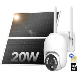 NUASI Telecamera di sorveglianza 4G LTE, solare con scheda SIM, fotocamera 2K per esterni, con pannello solare da 20 W, senza fili, PTZ senza batteria WLAN, sensore di movimento PIR, audio a 2 vie,