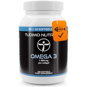 TUDIMO Olio di Pesce Omega 3 1000mg Capsule - 100 pz (Scorta 3+ Mesi) di Softgel Capsule a Disgregazione Rapida con 1000 mg di Fish Oil Omega3 Qualità Premium