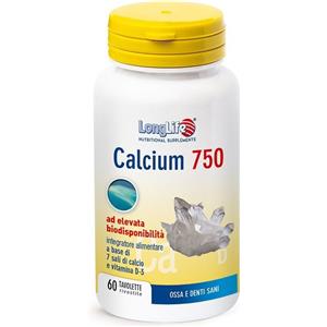 Longlife Calcium 750 mg - Integratore con 7 Sali di Calcio e Vitamina D per Ossa e Denti - 60 Tavolette Vegetariano e Senza Glutine