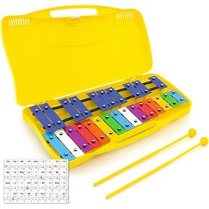 ffalstaff Metallofono con 25 Piastre argentate | custodia rigida gialla con maniglia incorporata | due battenti inclusi con lo strumento | Adesivi con notazione Italiana