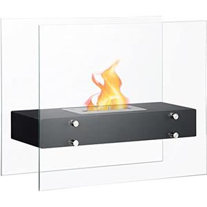 HOMCOM Camino Bioetanolo in Metallo e Vetro Temperato da 3h di Combustione con Serbatoio da 1.5L e Copertura 25m², 60x26x50cm, Nero