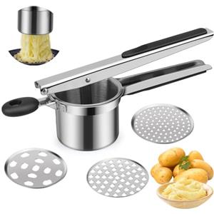 Atliberswo Schiacciapatate acciaio inox, adatto per purè di patate, purè di verdure, dotato di 3 filtri, design ergonomico e impugnatura in plastica