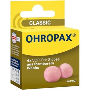 OHROPAX Tappi per le Orecchie Classic - Tappi per le Orecchie in Cera per Protezione dal Rumore, Umidità e Vento, Isolamento SNR 21 dB