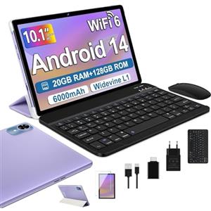 fezawio tablet 10 pollici Android 14 20GB RAM+128 GB ROM, Widevine L1/ Octa-Core/tablet 5G WiFi6 / (1TB TF) tablet con tastiera e mouse + assicurazione di rottura dello schermo di un anno -(viola)