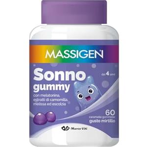 Marco Viti Massigen - Sonno Gummy, Integratore Alimentare con Melatonina e Estratti Naturali, Vitamine Gommose, Gusto Mirtillo, 60 Caramelle da 3,3 g, Per Rilassamento e Sonno