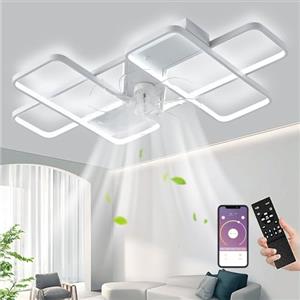 MiiR Ventilatore Da Soffitto Con Luce,LED 85W Ventilatore Da Soffitto Con Telecomando Luce Silenziosa Con Ventilatore Lampada Da Soffitto Dimmerabile A 6 Velocità Per Soggiorno Camera Da Letto Bianco 90 Cm
