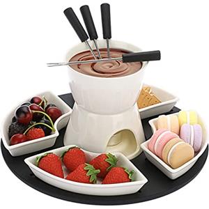 TOLIDA Fonduta di cioccolato-300 ml ceramica bianca Set di fonditore di formaggio quadrato con 4 forchette e 4 piatti con piatto di legno, 11 pezzi per cioccolato burro e formaggio (senza candela)