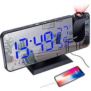 Runmeihe Sveglia Digitale da Comodino, Sveglia con Proiettore 180°, Radiosveglia con Luminosità Regolabile Termometro Umidità Caricatore USB, Snooze Doppi Sveglia Specchio LED Display (nero)