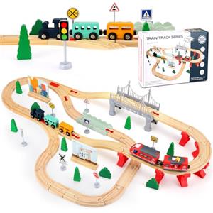 Hlieeosfcn Brolteja Pista Treno in Legno, Trenino Elettrico per Bambini,72 pcs Giocattolo per ferrovia in legno per bambini,Regalo per Bambini di 3 4 5 6 Anni, regali per ragazze e ragazzi