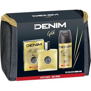 Denim - Regalo Uomo, After Shave Dopobarba 100 ml e Deodorante Spray 150 ml, Fragranza Gold, con Beauty Case Uomo