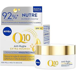 NIVEA Q10 Anti-Rughe Extra Nutriente Crema Giorno Riparatrice Profonda SPF 15 50 ml, Crema viso antirughe e idratante, Crema viso pelle secca e matura con Coenzima Q10, Olio di Argan e Squalane