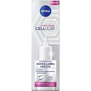 NIVEA CELLULAR EXPERT FILLER Contorno Occhi & Labbra Anti-Età 15ml, Crema contorno occhi e labbra rassodante, Contorno occhi antirughe e filler labbra con Acido Ialuronico e Acido Folico Puro