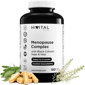 HIVITAL foods Menopausa Complex. 180 capsule vegane per 6 mesi di trattamento. Con Salvia, Cohosh Nero e Luppolo. Combatte i sintomi della Menopausa e della Premenopausa, come vampate di calore, insonnia e gonfiore