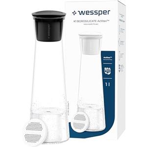 Wessper Caraffa Filtrante Vetro, 1 Litro, Caraffa con Filtrante Actitex Disc, Caraffe in Vetro con Coperchio per Acqua e Bevande Fredde, Senza BPA - Nero