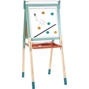 Janod Lavagna a cavalletto in Legno bifacciale, Evolutiva, Regolabile in Altezza, Lavagna Magnetica Bianca + Lavagna a Gesso + Rotolo di Carta, 23 Accessori Inclusi, da 3 Anni, J09625