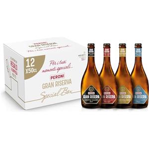 Peroni Gran Riserva Special Box, Cassa di Birra Mista con 12 Birre Peroni Gran Riserva da 50 cl, 3 Doppio Malto, 3 Puro Malto, 3 Rossa e 3 Bianca, Box Birra Idea Regalo Natale con Sorpresa