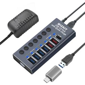 WLXKJY Hub di alimentazione da 36 W (12 V/3 A), hub USB 3.0 7 in 1 in alluminio WLXKJY (4 porte di trasferimento dati USB 3.0, 3 porte di ricarica rapida) con interruttore indipendente
