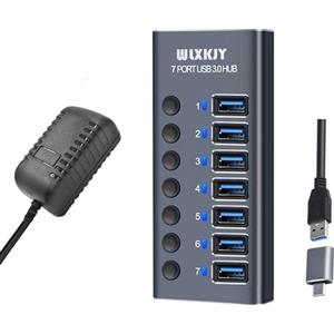 WLXKJY Hub USB 3.0 in alluminio, hub USB attivo - 7 porte USB 3.0 SuperSpeed, interruttori individuali e alimentatore da 36 W (12 V/3 A) per MacBook/MacBook Air/MacBook PRO