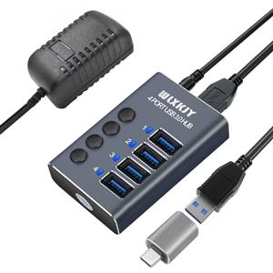WLXKJY Hub USB 3.0 in alluminio, hub USB attivo - 4 porte USB 3.0 SuperSpeed, interruttori individuali e alimentatore da 36 W (12 V/3 A) per MacBook/MacBook Air/MacBook PRO
