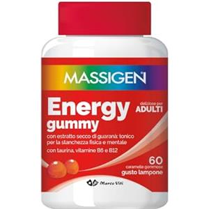 Marco Viti Massigen - Energy Gummy, Integratore Alimentare con Guaranà e Caffeina, Vitamine Gommose per Adulti, Gusto Lampone, 60 Caramelle, 192 g, Per Energia Fisica e Mentale