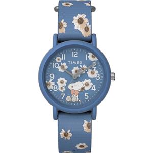 Timex Orologio unisex Peanuts da 34 mm, cinturino in tessuto blu Slip-Thru monostrato, quadrante blu, cassa blu TW2W33500