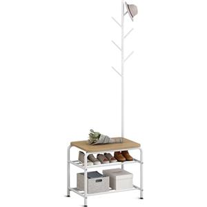 Bayt Appendiabiti a piantana 177 cm - Appendiabiti con scarpiera a 3 riplani - Attaccapanni da terra con Scarpiera - Panca per scarpe - Metalico - Bianco