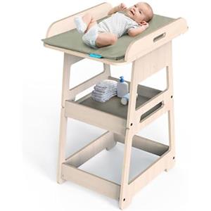 Mamatoyz - 19CFLAT - Fasciatoio neonato, materasso impermeabile incluso, fasciatoio trasformabile in tavolino e sedia per bambino, ripiani per accessori, legno di betulla