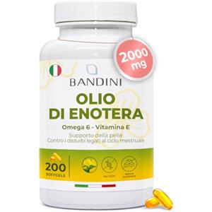 Bandini® Olio di Enotera 2000mg, Antiossidante per Pelle, Capelli e Unghie, 200 Softgels, Utile per Equilibrio Ormonale, Menopausa, Contrasta i Disturbi del Ciclo Mestruale, Integratore Donne, No OGM