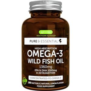 Igennus Healthcare Nutrition Omega 3 1000mg in Forma Trigliceride, Olio di Pesce ad Alto Dosaggio, EPA & DHA, Acidi Grassi rTG Omega-3 & Astaxantina, 180 Capsule, Ultra Puro & Alto Assorbimento, Aroma di limone - Igennus