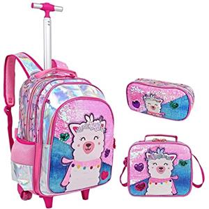 IvyH Zaino Carrello Zaini Scuola Ragazze, Paillettes Zaino Trolley Scuola Elementare con Borsa Pranzo Astuccio Personalizzati Multifunzione PU Cartella Zaino con Ruote Zainetti per Bambina(Pecora)