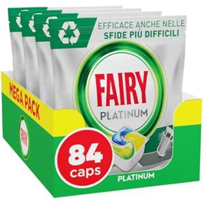 Fairy Platinum Pastiglie Lavastoviglie, Detersivo Lavastoviglie Brillantante, 84 Capsule Lavastoviglie, Limone, con Sistema Di Prelavaggio Integrato, Efficace nelle Sfide Difficili Contro lo Sporco