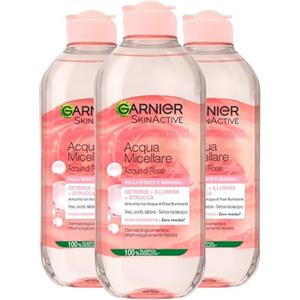 Garnier SkinActive Acqua Micellare Illuminante Formula con Acqua di Rose per Pelli Spente e Sensibili Deterge Illumina Strucca Senza Risciacquo - 3 flaconi da 400ml