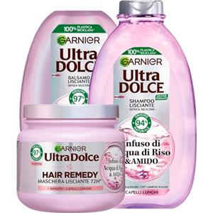 Garnier Ultra Dolce Shampoo + Balsamo + Maschera Lisciante per Capelli Lunghi con Infuso di Acqua di Riso e Amido Idratante Rimpolpante Illuminante Vegan Ingredienti di Origine Naturale - 3 Prodotti