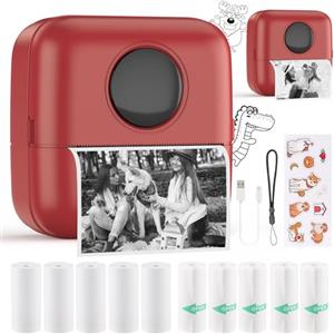 HuiJuKeJi Mini Stampante Fotografica,Stampante Termica,stampa di ricevute,stampante fotografica,con 10 rotoli di carta 1 adesivo per smartphone Fotografica Note Elenco Memo RGB rosa (Red)