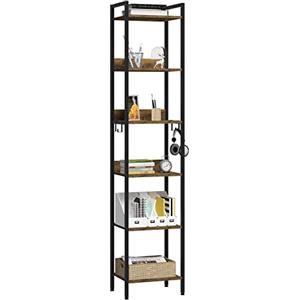 EUGAD Scaffale a 6 Livelli, Libreria Industriale, Scaffalatura in Metallo e Legno, Scaffale da Soggiorno e Cucina, Scaffale Salvaspazio, con 4 Ganci, Nero + Legno Vintage, 40x30x187cm