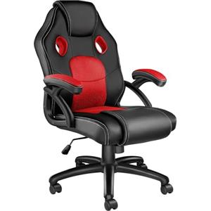 TecTake® Sedia da Ufficio Ergonomica, Sedia Scrivania con Rotazione 360°, Imbottitura Confortevole, Rivestimento Similpelle, Poltrona Gaming con Altezza Regolabile, 5 Rotelle Doppie - Nero/Rosso