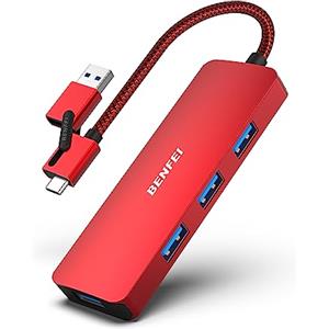BENFEI Hub USB 3.0, Hub USB C, 2-in-1 Hub USB tipo A/tipo C con 4 porte USB 3.0, compatibile per iPhone 15 Pro/Max MacBook Pro/Air 2023 iPad Pro iMac S23 XPS 17 e altro, Rosso, 000305RED