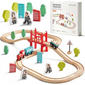 Tiny Land Pista Treno in Legno, Set Ferrovia in Legno (39 pcs) Pista Macchinine giochi legno bambini trenino natale