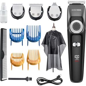 BARBERBOSS Kit di Rifinitura Facciale 3 in 1 BarberBoss, Tagliacapelli, Rifinitore di Dettagli e Barba, Regolacapelli da Uomo, Quadrante di Controllo di Precisione, 4 Pettini Guida, 100% Impermeabile, QR-6086