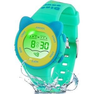 Juboos Orologio Bambina,con Cinturino Stampato e 7 Luci Colorate,Orologio Digitale Impermeabile per Bambini con Orecchie da Gatto per Ragazzo e Ragazza da 4 a 12 Anni (Verde)