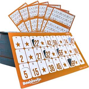 Bashtastic 504 Cartelle Tombola con Finestrelle - Cartelle Tombola Classica, Cartella Riutilizzabile, Numerate e Tutte Diverse tra Loro per il Gioco Tradizionale e Bingo 90 Palline, Colore Arancione