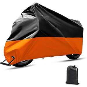 JNNJ Copertura Moto Impermeabile, Universale Impermeabile Moto Telone Copertura, Moto Scooter Anti-Uv Polvere per Esterni, Poliestere Copertura Resistente Polvere per Scooter Motocross(Nero/Arancio)