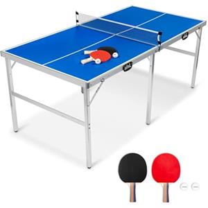 FCOUMY Tavolo da ping pong pieghevole da interno Tavolo da ping pong portatile con rete, palline, racchette, blu 180 x90 x76 cm