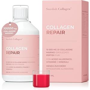 Swedish Collagen Swedish Nutra Integratore liquido collagene marino 10.000 mg - 500 ml, 20 giorni | Peptidi puri e vitamine per capelli, pelle, unghie, articolazioni | Senza zucchero | Clinicamente testato